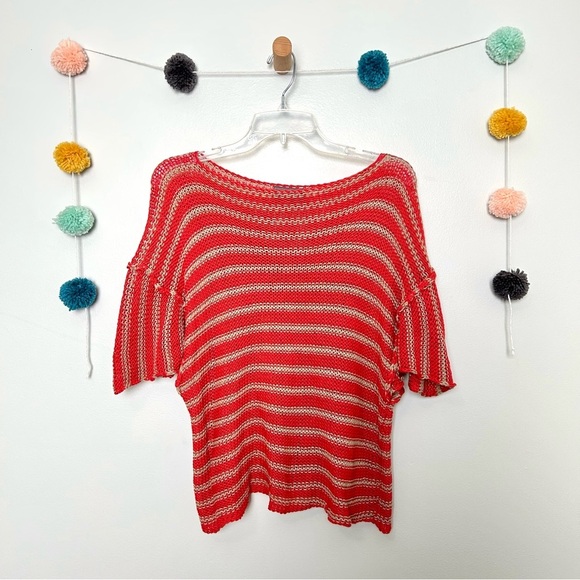 Wooden Ships Tops - Wooden Ships Red and Taupe/Brown Striped Short Sleeve Woven Top